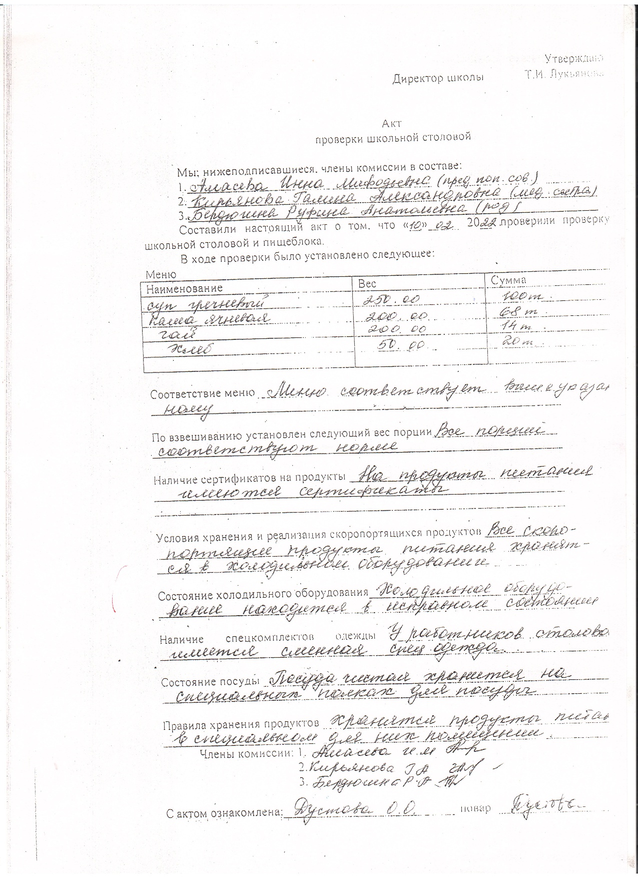 Акт проверки школьной столовой от 10.02.2022 года